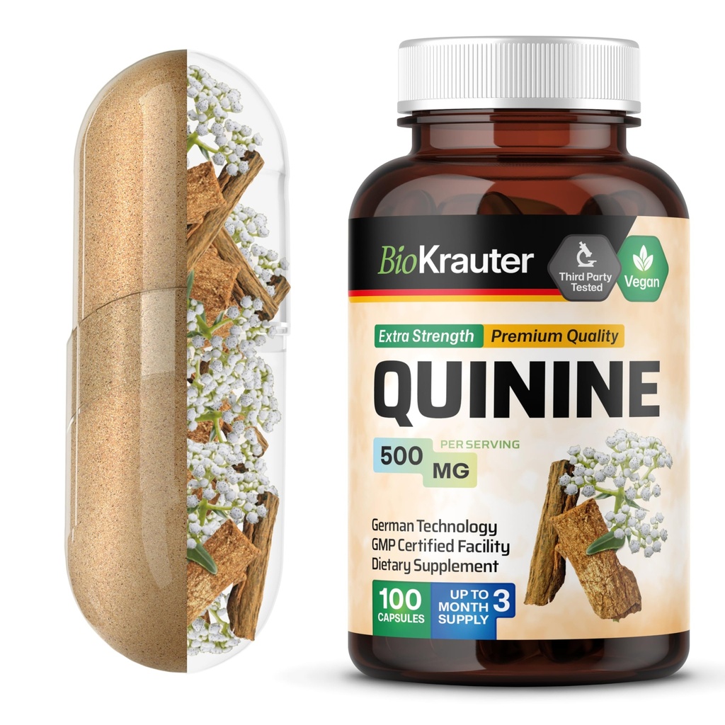 BIO KRAUTER Quinine voor Leg Cramps Capsules 500 mg - 100 Telling - Cinchona Bark Powder - Quinine Capsules - Vegan, Geen Fillers
