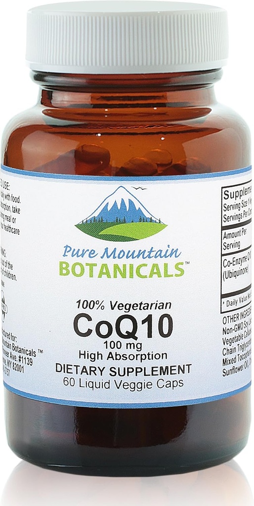 Pure Mountain Botanicals Coq10 100mg Softgels - 60 Vegan Kosher Capsules met Ubiqunone Coenzyme Q10 Supplement