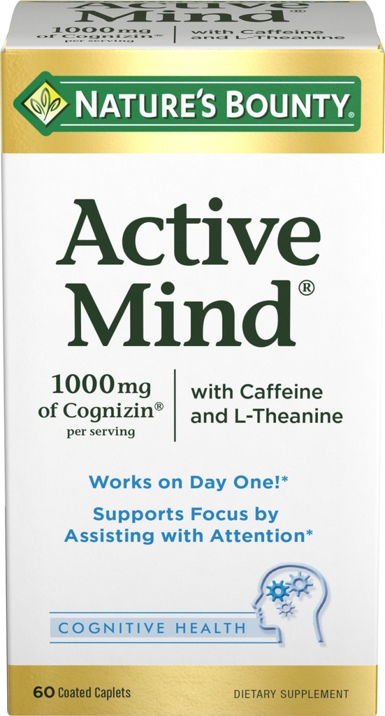 Nature's Bounty Active Mind Dieetsupplement, ondersteunt Focus en aandacht, 1000 mg Cognizin met L-Theanine en Cafeïne Pillen, 60 Capletten