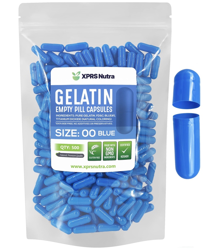 XPRS Nutra Formaat 00 Lege capsules - 500 Telle Lege Gelatine Capsules - Pillen DIY Capsule Vulling - Vulbare Pill Gel Caps voor Do-It-Yourself Supplements (Blauw)