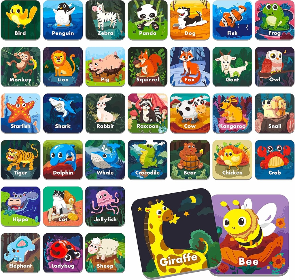 Hebayy 36 Pair Animal Matching Memory Game Flash Cards voor peuters, kleuters, kleuters en thuis. Erastable, Fun & Fast, Travel Friendly, Skill Building. Grootte 2