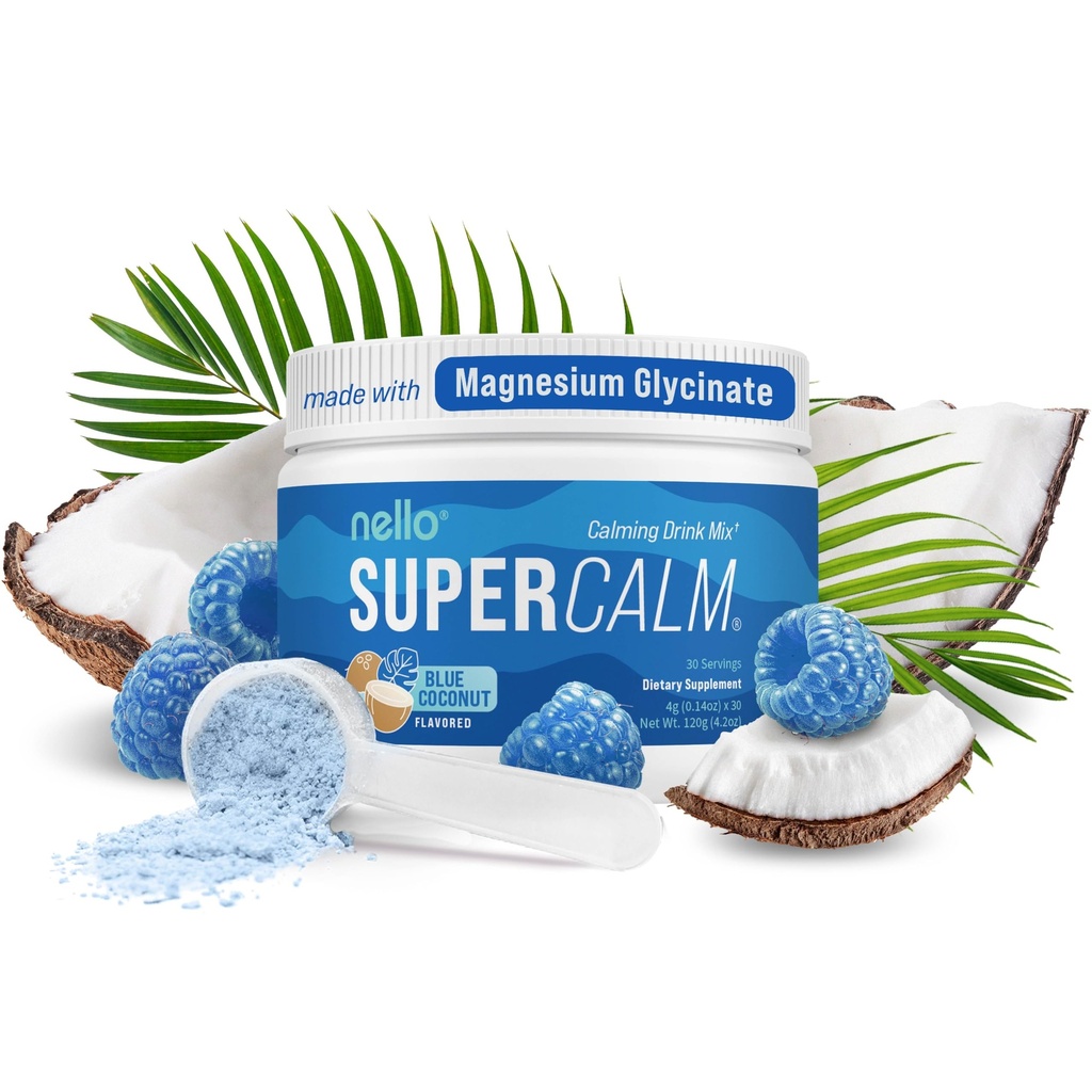Mélange de boissons en poudre Nello Supercalm, noix de coco bleue, L Theanine, Ksm-66 Ashwagandha, Glycinat de magnésium, vitamine D 3, suppléments pour la relaxation et la concentration, Pas de sucre, Non OGM, En route, 30 Srvgs