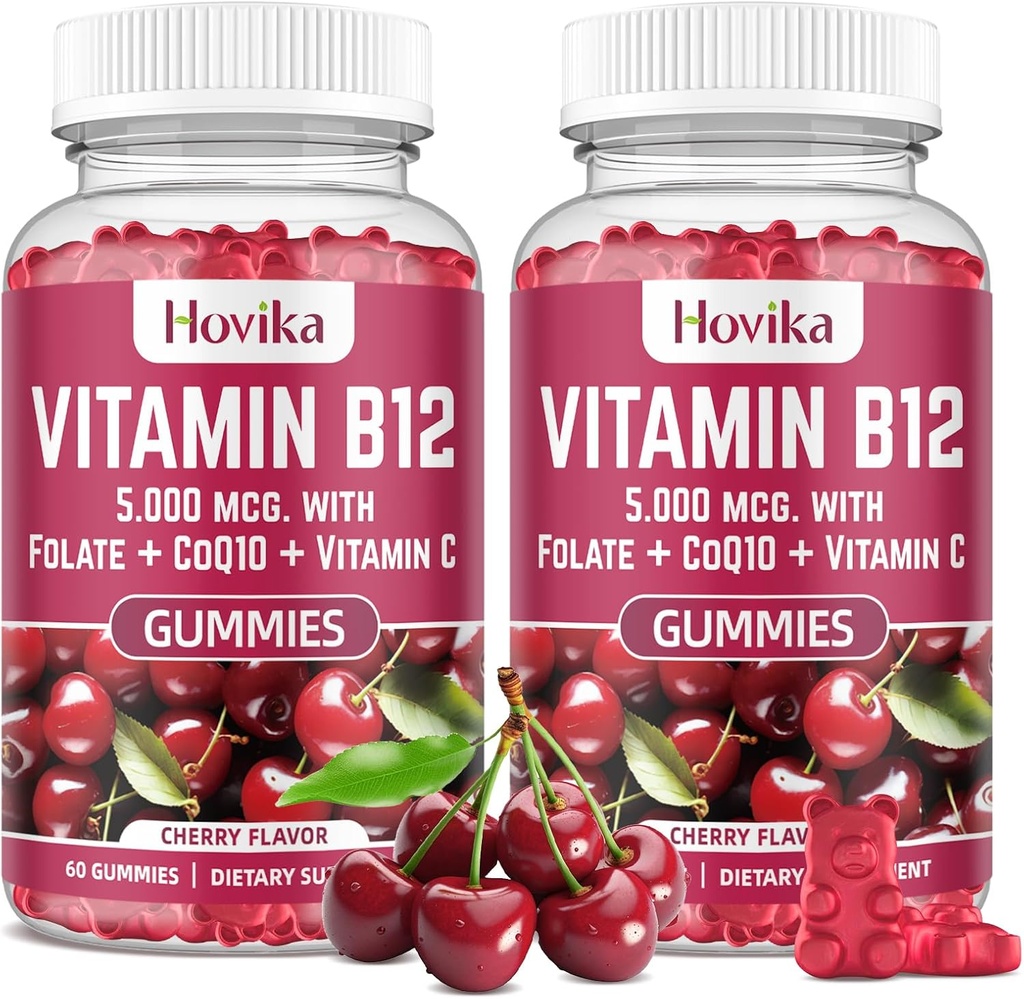 Vitamine B12 Complex 5000 mcg Methyl B12, Adenosyl B12 & Hydroxy B12, met Coenzyme Q10, Folaat, Vitamine C, Kauwbaar B 12 voor energieondersteuning, Metabolisme, Bone Health - Cherry Flavor, 2 Pack