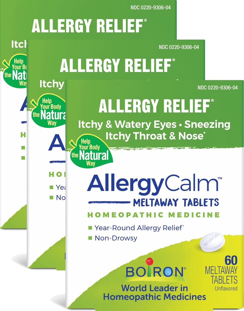 Boiron AllergieCalm tabletten 180 Tellen, Verlossing van Allergieën en Hay Koorts Symptomen van niezen, Runny Neus, en jeukende ogen of keel, Allergie Kalme Tabs (voormalig RhinAllergie) (Pack van 3 60ct dozen)