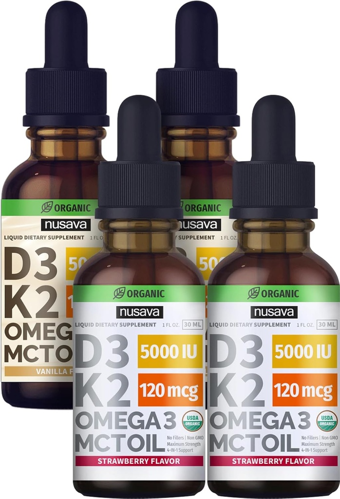NUSAVA Fraise Aromatisée D3 K2 gouttes liquides et Vanille Aromatisée D3 K2 gouttes liquides - Potent Vitamines liquides pour le coeur, l'articulation, l'os, le muscle et le soutien immunitaire - Non-OGM, sans gluten, 2pk Chaque