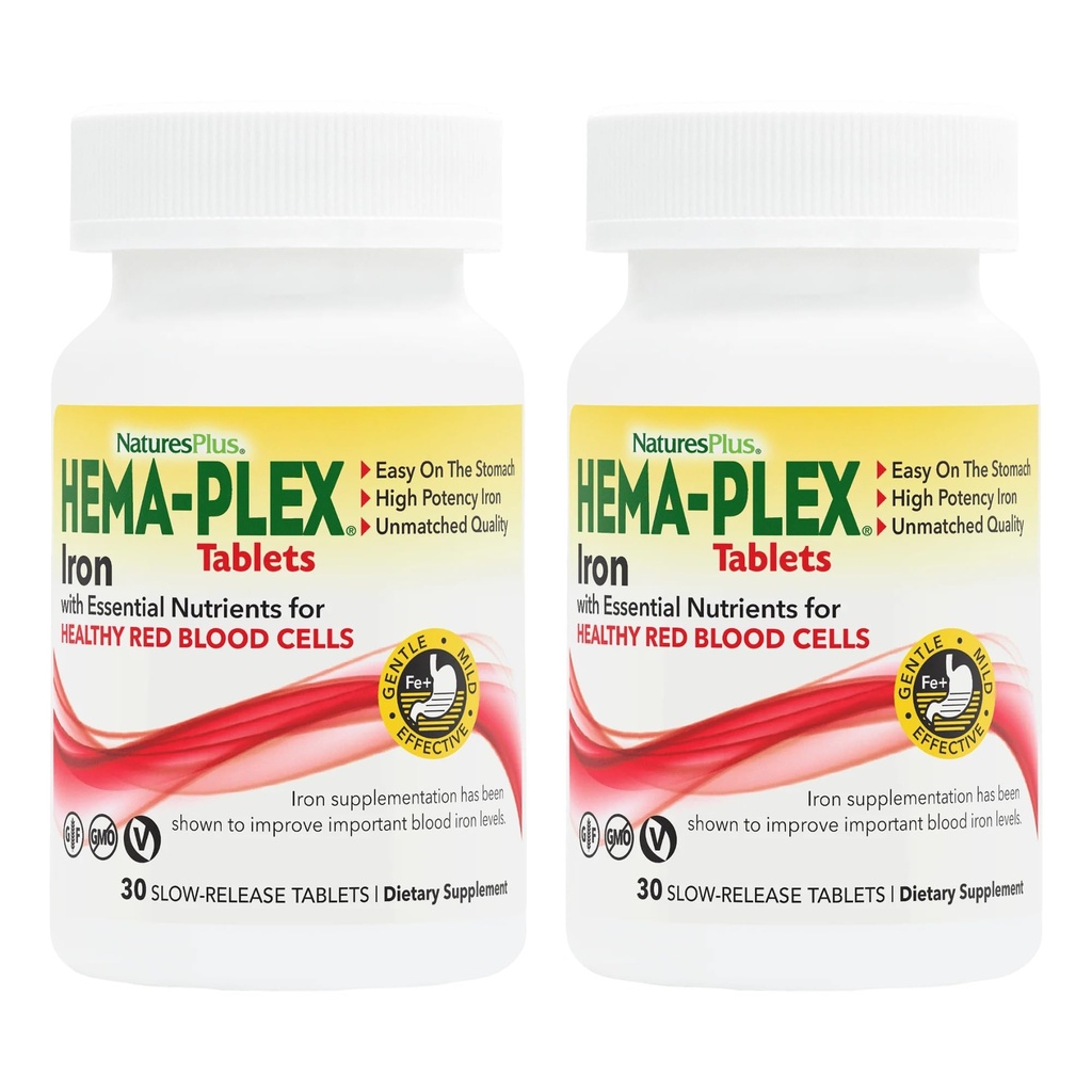 NaturesPlus Hema-Plex Fer - 30 comprimés à libération lente, boîte de 2 - Santé totale du sang - 85 mg Fer chélaté - avec vitamine C et bioflavonoïdes - Sans OGM, sans légumes et sans gluten - 60 portions totales