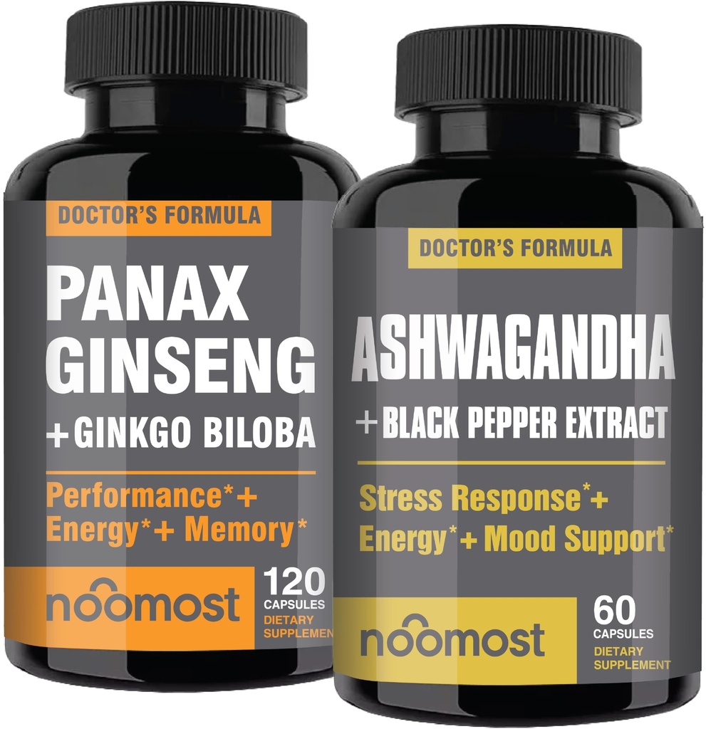 NooMost Authentieke Koreaanse Red Panax Ginseng + Biologische Ashwagandha met Ginkgo Biloba & Black Pepper