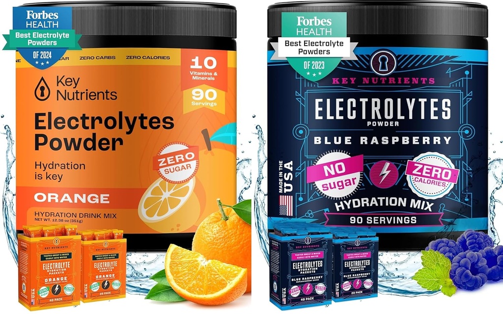 KEY NUTRIËNTEN Multivitamine Electrolytes Powder Bundle - Tangy Orange & Sweet Blue Raspberry - No Sugar, No Calories - Hydration, Endurance, and Energy Supplement - 90 Servings Each - Made in USA