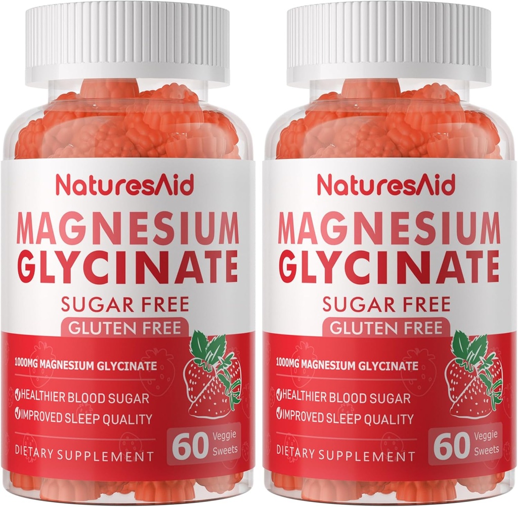 Magnesium Glycinate Gummies 1000mg - Suikervrij Magnesium Kalium Supplement met Vitamine D, B6, CoQ10 voor Kalm Mood & Slaap Ondersteuning - 120 Strawberry Gummies -2 Pack