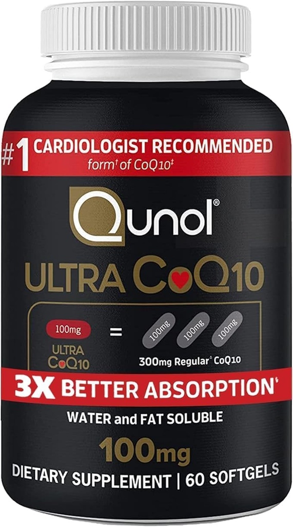Qunol Ultra CoQ10 100mg 3X Betere absorptie Gepatenteerd water en vet Oplosbaar natuurlijk supplement formulier Co-enzym Q10 Antioxidant voor Heart Health Packs Softgels, 120 Tellen