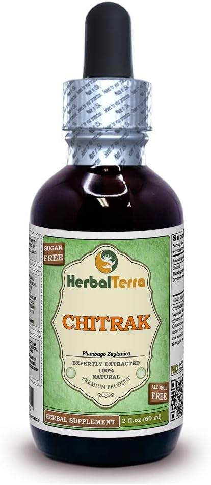 Chitrak (Plumbago Zeylanica) Extrait liquide sans alcool séché (marque: HerbalTerra, fièrement fabriqué aux États-Unis) 2 oz