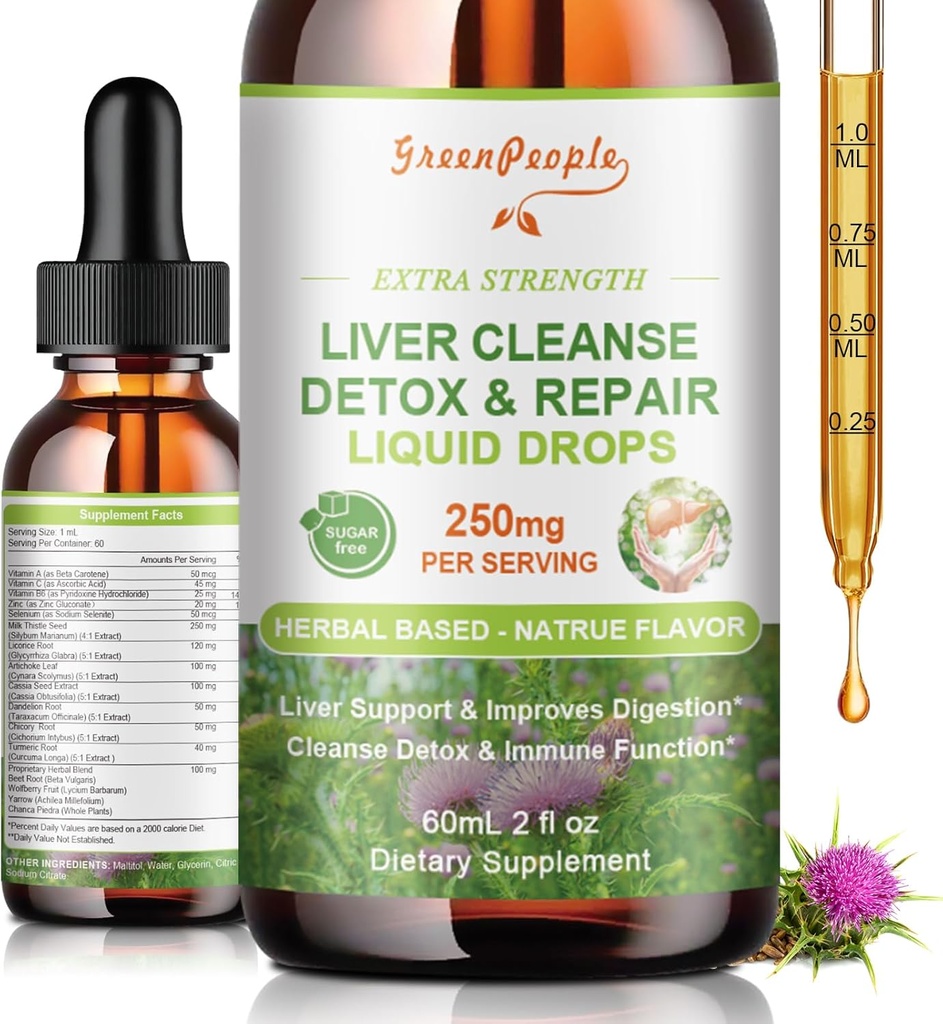 GROENPEOPLE Liver Cleanse Detox & Repair Drops - Liver Supplement w/Milk Thistle Silymarin, Artichoke & Dandelion for Liver Detox & Support- 16x Potent Herb-Nutrients - 2Fl Oz Natural Flavor
