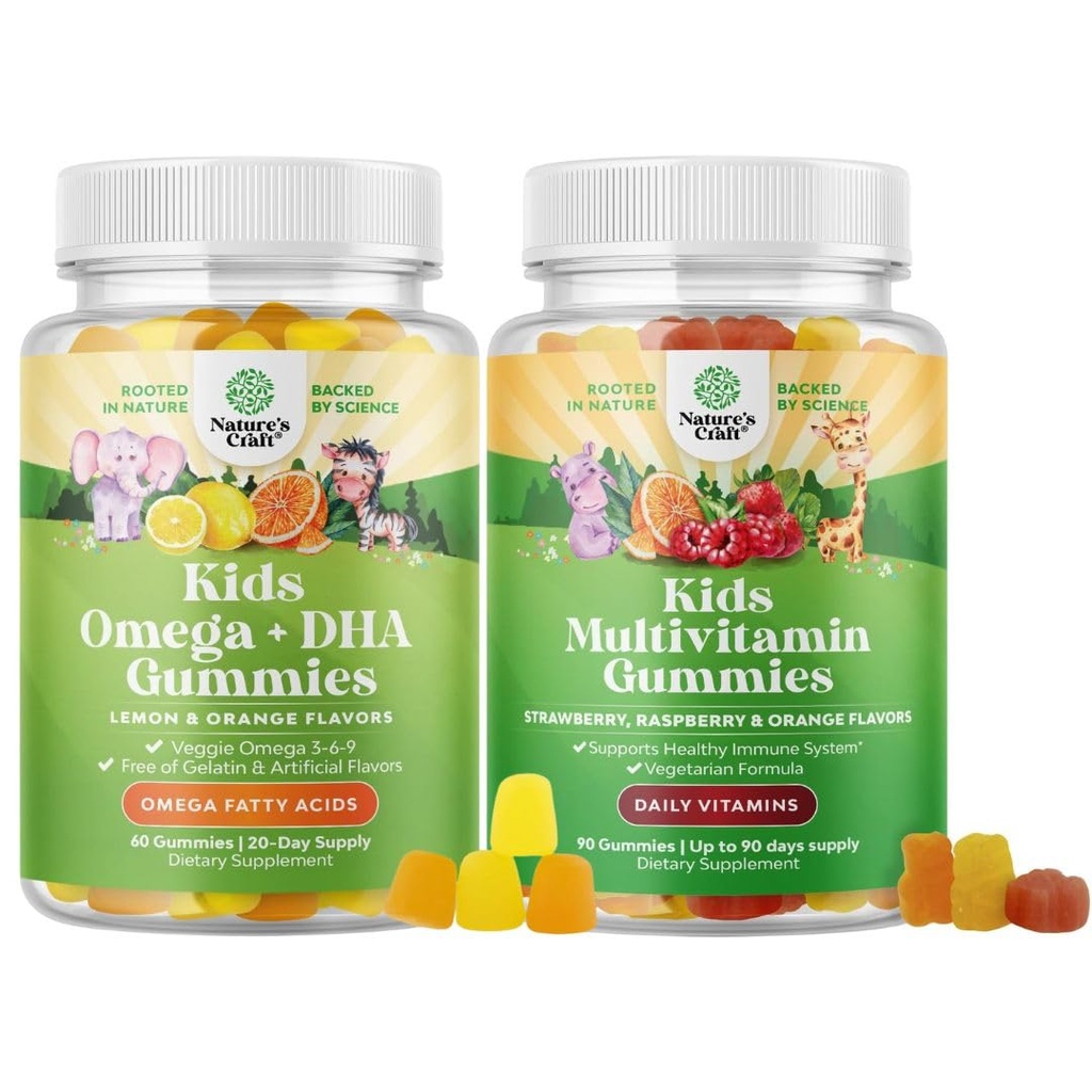 Bundle of Kids Gummies - DHA Fatty Acids Omega 3 6 9 for Brain, Immune Strength & Vision and Multivitamine for Immune Support with Vitamines A, C, D3, E, B6 & B12, Zink & Jodium
