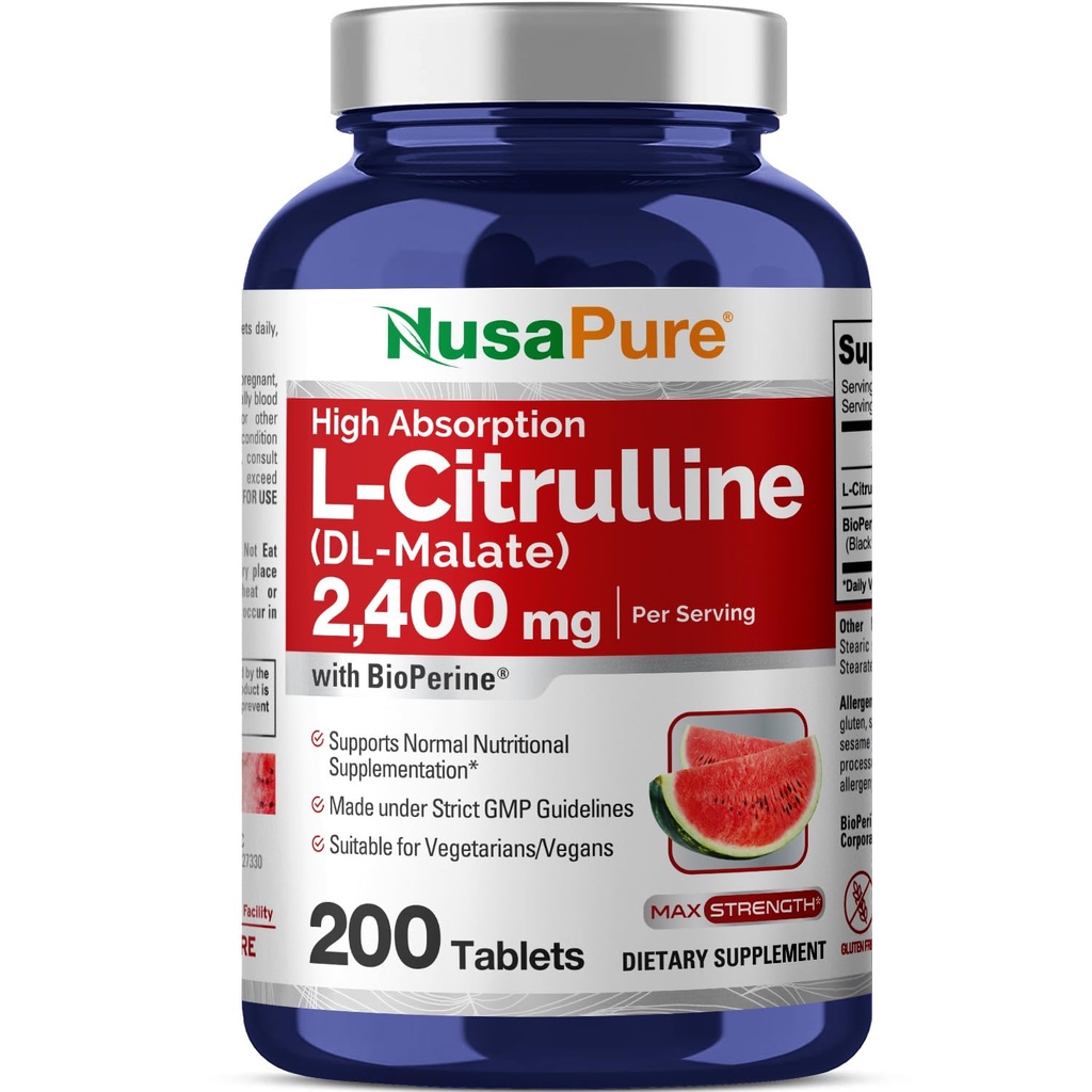 NusaPure L-Citrulline 2.400mg 200 Vegetarische tabletten (Non-GMO, Glutenvrij, 100-dagen supply, Bioperine)