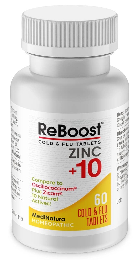 MediNatura ReBoost Zink +10 MAX Koude en Flu Symptoom Relief Snelwerkende, Niet-Drowsy Natuurlijke Verzachtende Homeopathische Helpt Relieve Geheel Lichaam Ongemak, Hoest, vermoeidheid, Congestie - Citroen - 60 Tablets