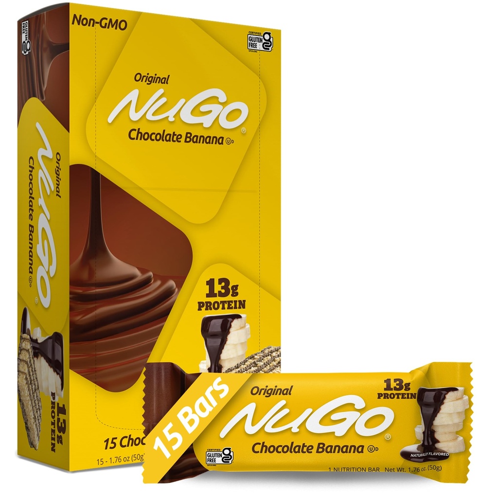 Barre de protéines NuGo, banane au chocolat, 13g de protéines, sans gluten, 15 Nombre