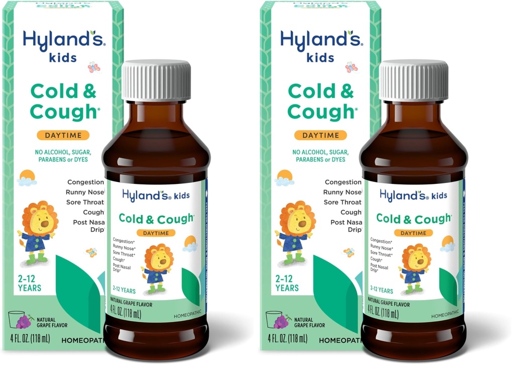 Hyland's Naturals Kids Cold & Cough, Daytime Grape Flavor Cough Syrup Medicine for Kids Ages 2+, Decongestant, Sore Throat & Allergie Relief, Natuurlijke behandeling voor algemene koude symptomen, 4 Fl Oz
