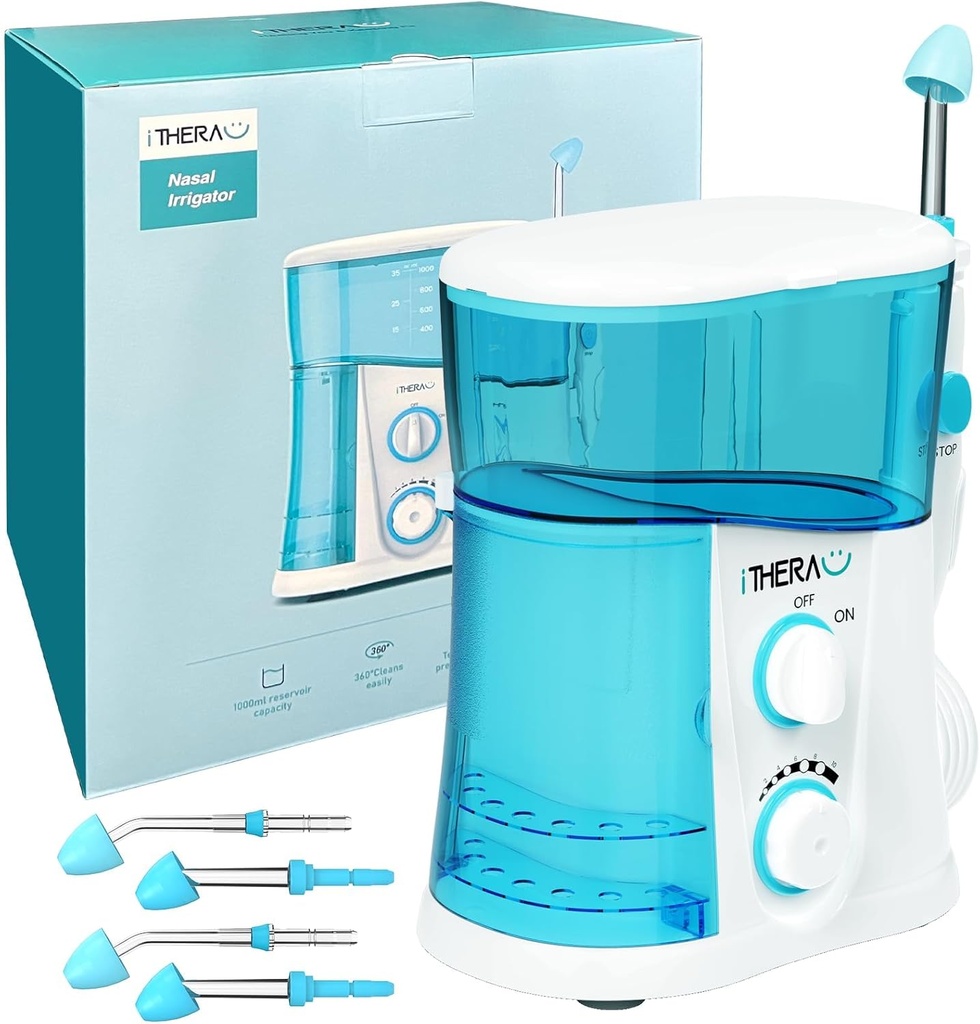 iTHERAU Nasal Irrigator Sinus Rinse Bundle, Nettoyant Nez Fort pour Relief Sinus 4 Conseils de nettoyage Nez avec 40 SelPods