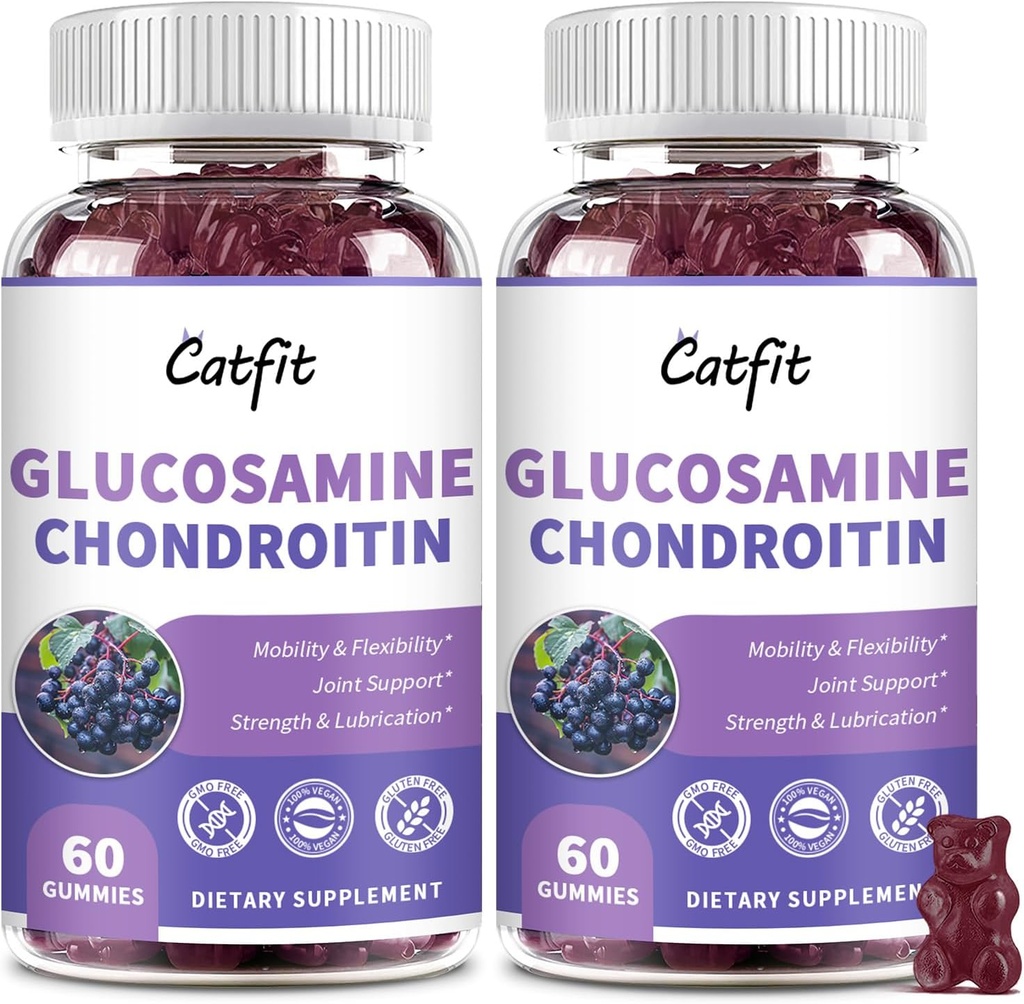 Catfit Glucosamine Chondroitin Gummies, Extra sterkte Joint Health Support Supplement met MSM & Vlierbes, Antioxidant Immune Support Supplement voor Volwassenen Mannen & Vrouwen (2 Pack)