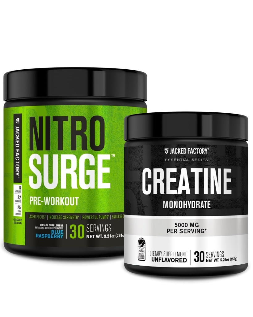 Jacked Factory NITROSURGE Pre Workout Supplement (Blue Raspberry) Creatine Monohydrate Powder 150g for Muscle Growth, Increased Strength, Enhanced Energy