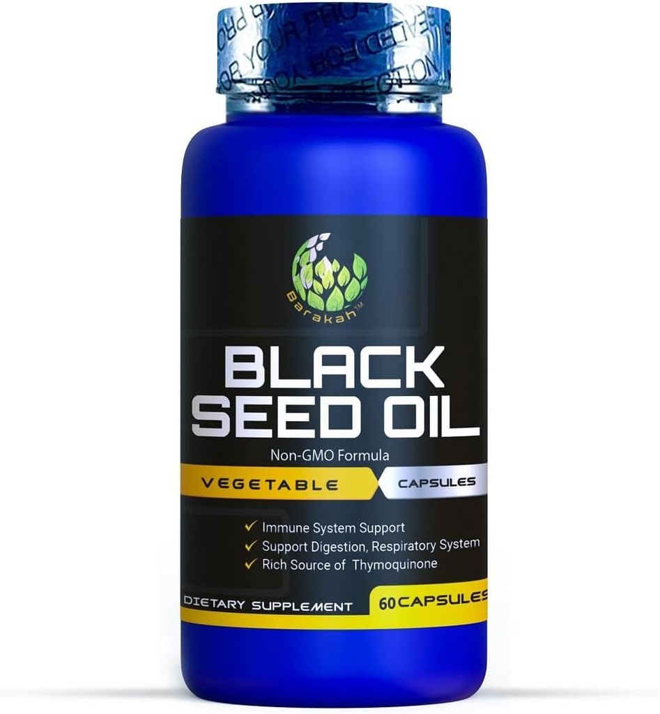Capsule d'huile de graines noires, non OGM, végétalien, halal, pressé à froid, de qualité supérieure, 100% liquide Capsules d'huile pure de graines noires, 60 Compte, 1000mg par portion