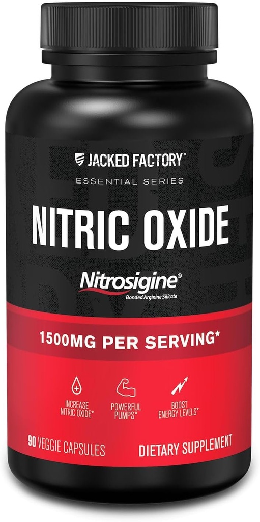 Ge Jacked Factory Essentials Nitric Oxide Booster - Gepatenteerd gebonden L-Arginine Silicate 1500mg Pre Workout Supplement voor spiergroei, pompen, bloedvatigheid en energie - 90 Veggie Pillen