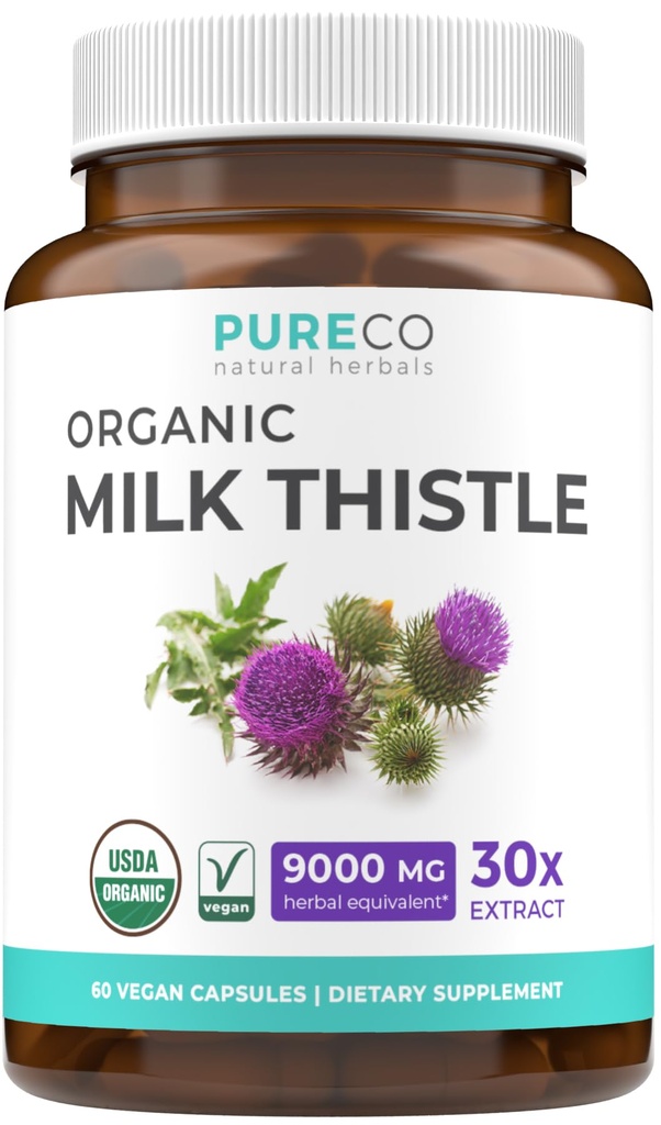 USDA Organic Milk Thistle Capsules - 80% Silymarin Supplement for Liver Support- Super Concentrated 300mg of 30:1 Milk Thistle Extract Equivalent aan 9000mg - Milk Thistle Liver Detox 60 Day Supply