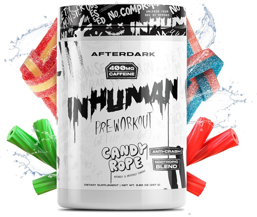 AFTERDARK INHUMAN Pre-Workout Powder, Enhanced Mind-Muscle Connection, Sustained Energy, Potent Nootropic Blend, Vegan, Gluten-Free, Soy-Free, 400mg Cafeine, No Crash, Candy Rope