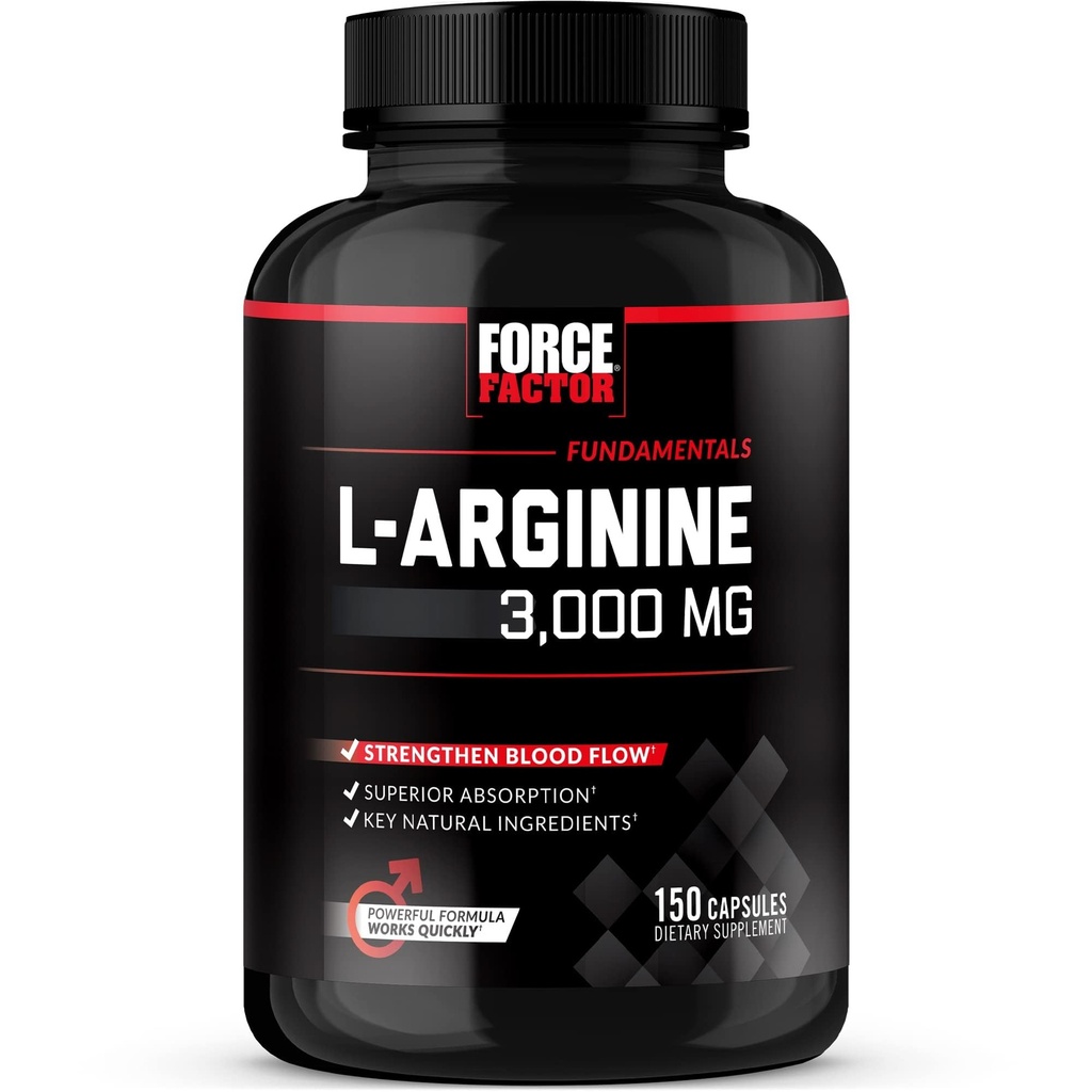 Force Factor L-Arginine Nitric Oxide Supplement met BioPerine te helpen bouwen spier en ondersteuning Sterkere bloedstroom, Circulatie, Nutriënt levering, en pompen, L-Arginine 3000mg, 3g, 150 Capsules