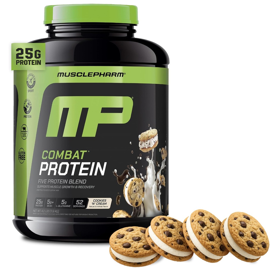 MusclePharm Combat Protein Powder, Cookies Crème Flavor, Fuels Muscles for Productive Workouts, 5 eiwitbronnen waaronder Wei Protein Isolaat & Egg Albumin, Glutenvrij, 4 lb, 52 Servers