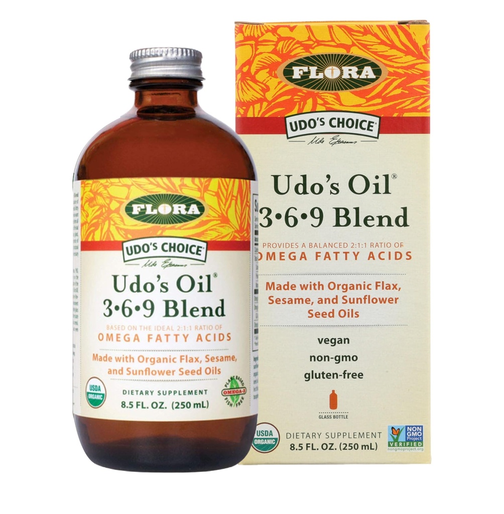 Flora - Udo's Choice Omega 369 Oil Blend, Made with Organic Flax, Sesam & Sunflower Seed Oils, Plant Based Vegan Omega Fatty Acids, Gebaseerd op Ideal 2:1:1 Ratio, 8.5-fl. oz. Glazen fles