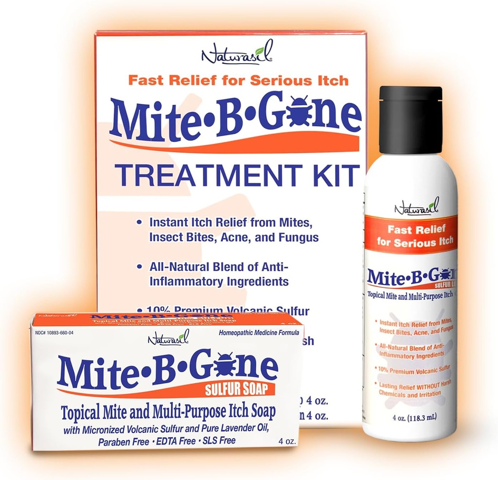 Mite Treatment Lotion & Soap by Mite-B-Gone Natuurlijke Relief for Acne, Bug Bites, Skin Redness & Jeuken, Ongemak & Rosacea Veilig voor kinderen en volwassenen Behandeling Kit