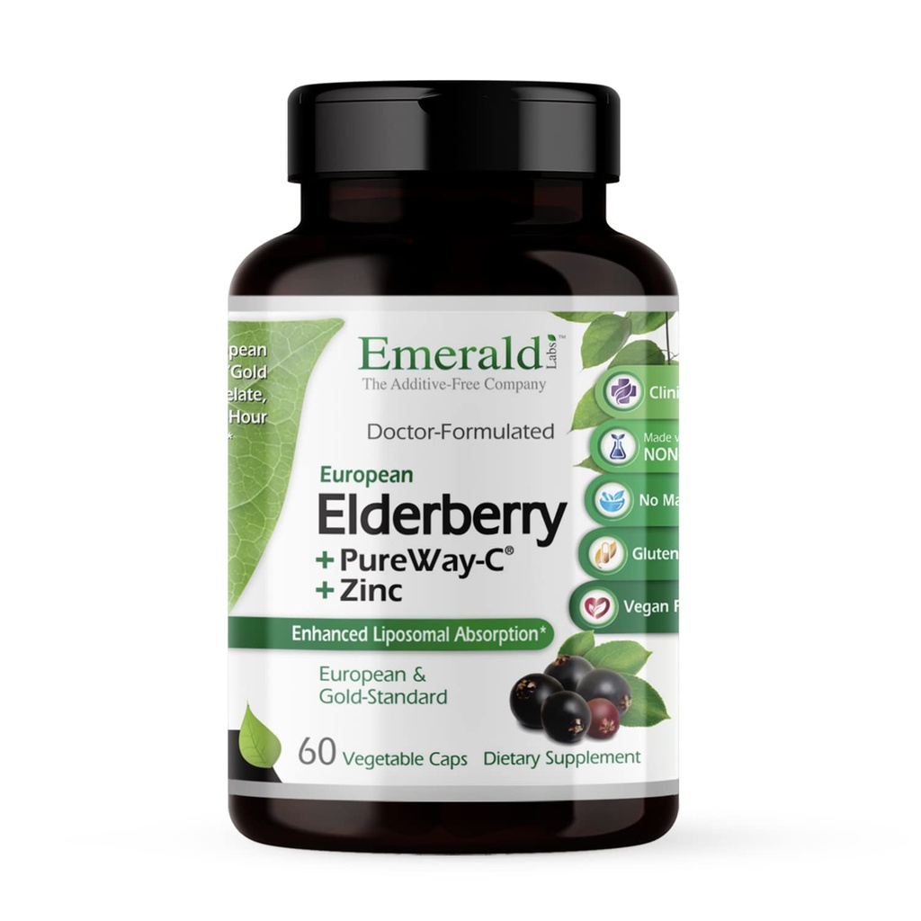 EMERALD LABS Elderberry Plus - Digestieve en immuunondersteuning met Europees vlierbessenextract, vitamine C als PureWay-C & Albion chelated zink - Veganistisch en glutenvrij - 60 plantaardige capsules (30 dagen)