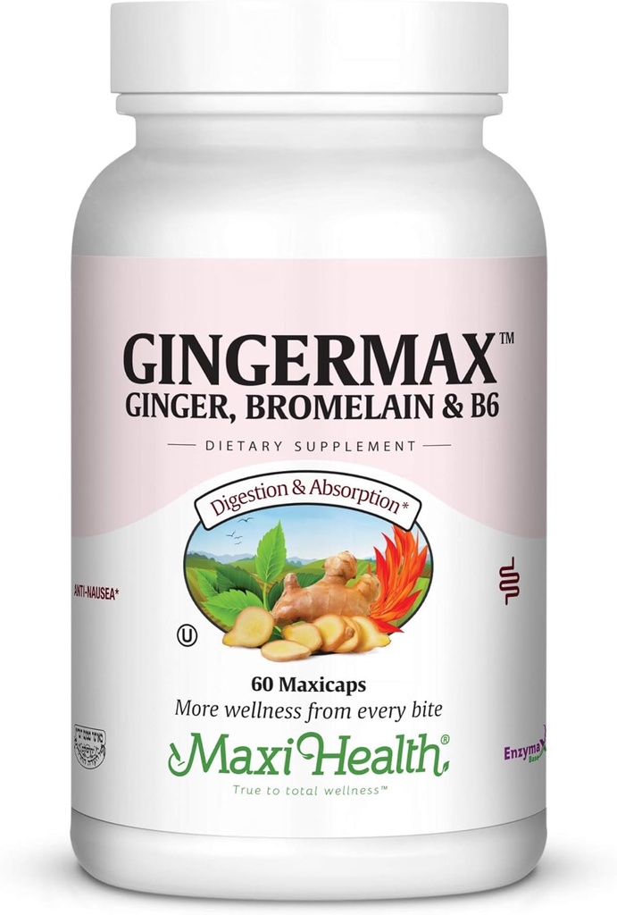 Maxi Health Gingermax - Gember - Bromelaïne & vitamine B6 - Digestie Gezondheid - 60 capsules - Kosjer