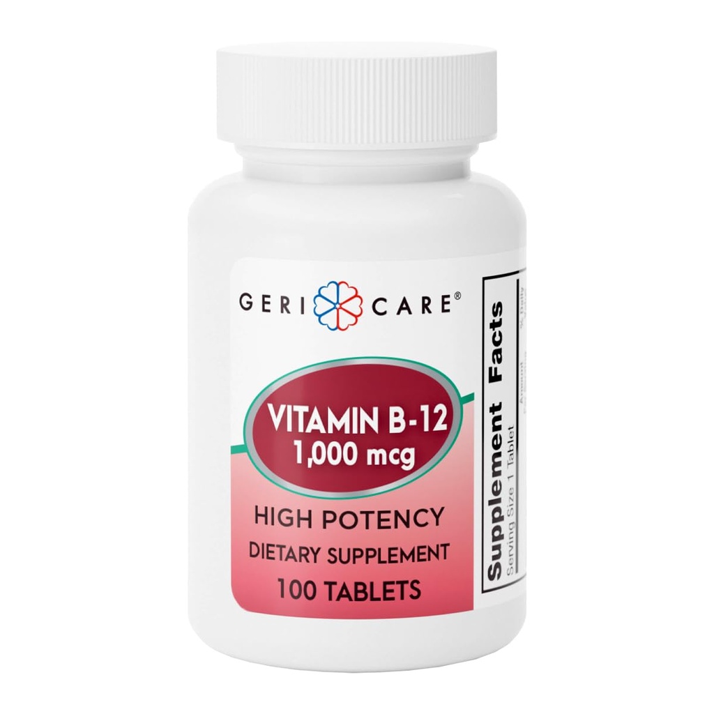 GeriCare Vitamine B-12 1000mcg High Potency Tablets, Premium Dieet Supplement voor het stimuleren van energie, het ondersteunen van de gezondheid van het brein, en het behoud van een gezond zenuwstelsel 100 Tel (Pack of 1)