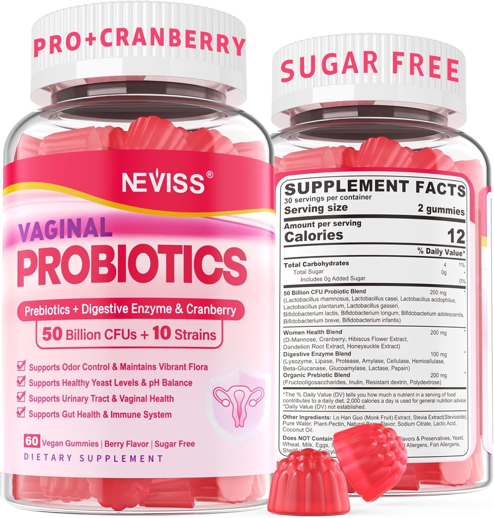 Vaginale Probiotica Gummy's voor vrouwen PH Balance, Odor Control met Prebiotica, Cranberry, D-Mannose, bevordert Vrouwelijke Gezonde Vaginale Flora, Urinaire Tract, Gist, Digestieve Ondersteuning, Suikervrij,60Ct
