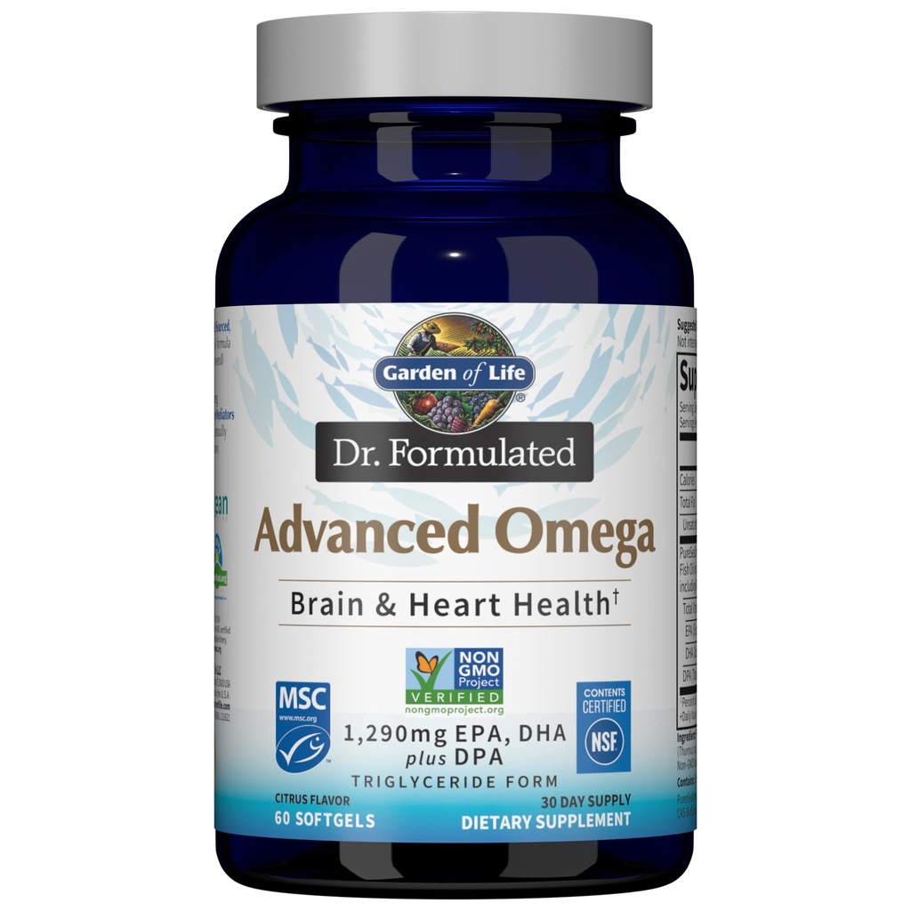 Garden of Life Dr. Formulated Advanced Omega Fish Oil - Citroen, 1,290mg EPA, DHA + DPA in Triglyceride Form, Single Source Omega 3 Supplement voor Ultimate Brain & Heart Health, Non-GMO, 60 Softgels
