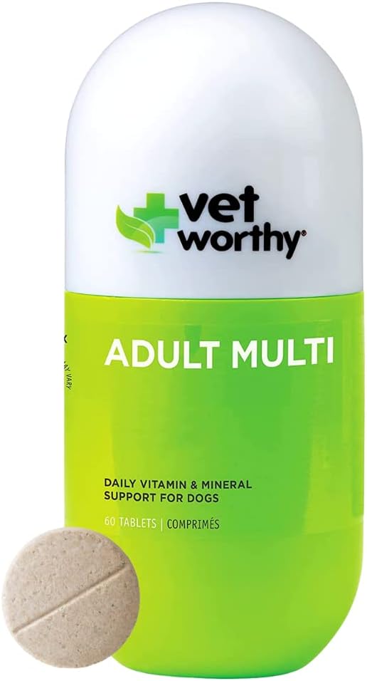 Vet Worthy Adult Multi Vitamines - Multivitamine voor honden ter ondersteuning van optimale gezondheid en algemene wellness - Hondensupplement met ijzer, magnesium, zink, vitamine A, B Vitaminen - Leversmaak, 60 tabletten