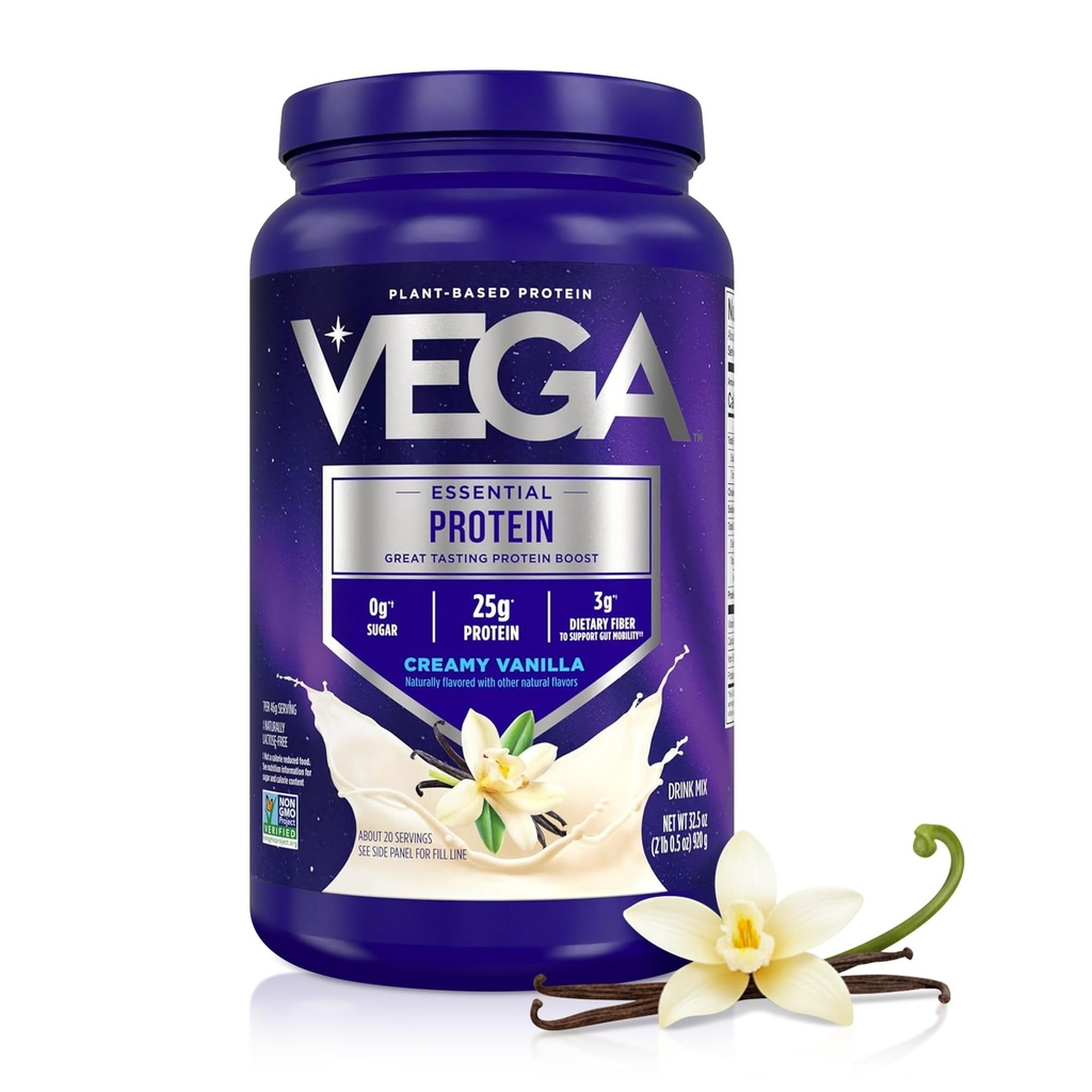 Vega Original Essential Protein - 25g Plant Based Protein, Romige Vanille, 20 Servers, Vegan Non-GMO Drink Mix, Smoothie & Shake Ready, Glutenvrij, Zuivelvrij, 32.5oz (Verpakking mei Vary)