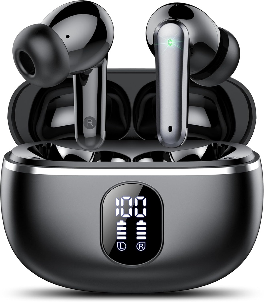Draadloze oordopjes, Bluetooth 5.3 Headphones Big Bass Stereo, oordopjes met Noise Cancelling Mic LED Display, in ooroortelefoons IP7 Waterdicht, 50H Playtime voor Sport, Zwart