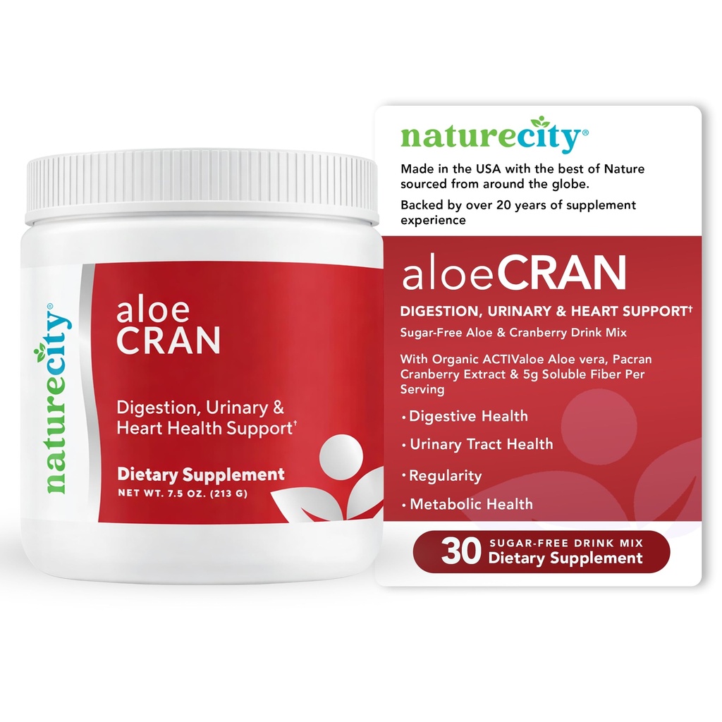 NatureCity AloëCran - Pure Aloë Vera Blend met Cranberry Powder Supplement - Suikervrije Fiber Combo Mix voor de spijsvertering en urine gezondheid - Gut & Metabole Health Support - 30 dagen van levering