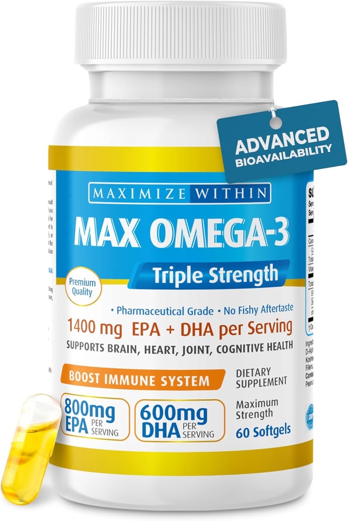 Maximum Slim Max Omega 3 Visolie pillen - Triple Strength Fish Oil Supplement (2000 mg Totaal Omega 3 vetzuren: 600mg DHA + 800 mg EPA per portie)