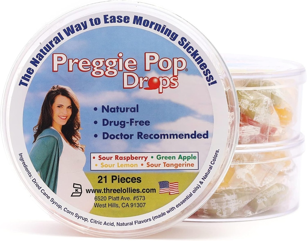 Preggie Pop Drops - helpt ochtend ziekte tijdens de zwangerschap (3 pack, 63 telling) Met essentiële oliën, veilig voor zwangere moeder & Baby, Glutenvrij - Citroen, Raspberry, Groene appel, Tangerine