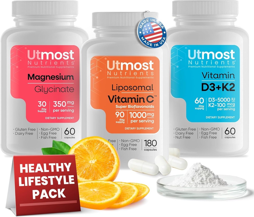 Liposomale vitamine C met Super Bioflavonoïden 1000MG (180 capsules), Vitamine D3 met K2 5000IE (60 capsules) en Magnesium Glycinate 350MG (60 capsules) 