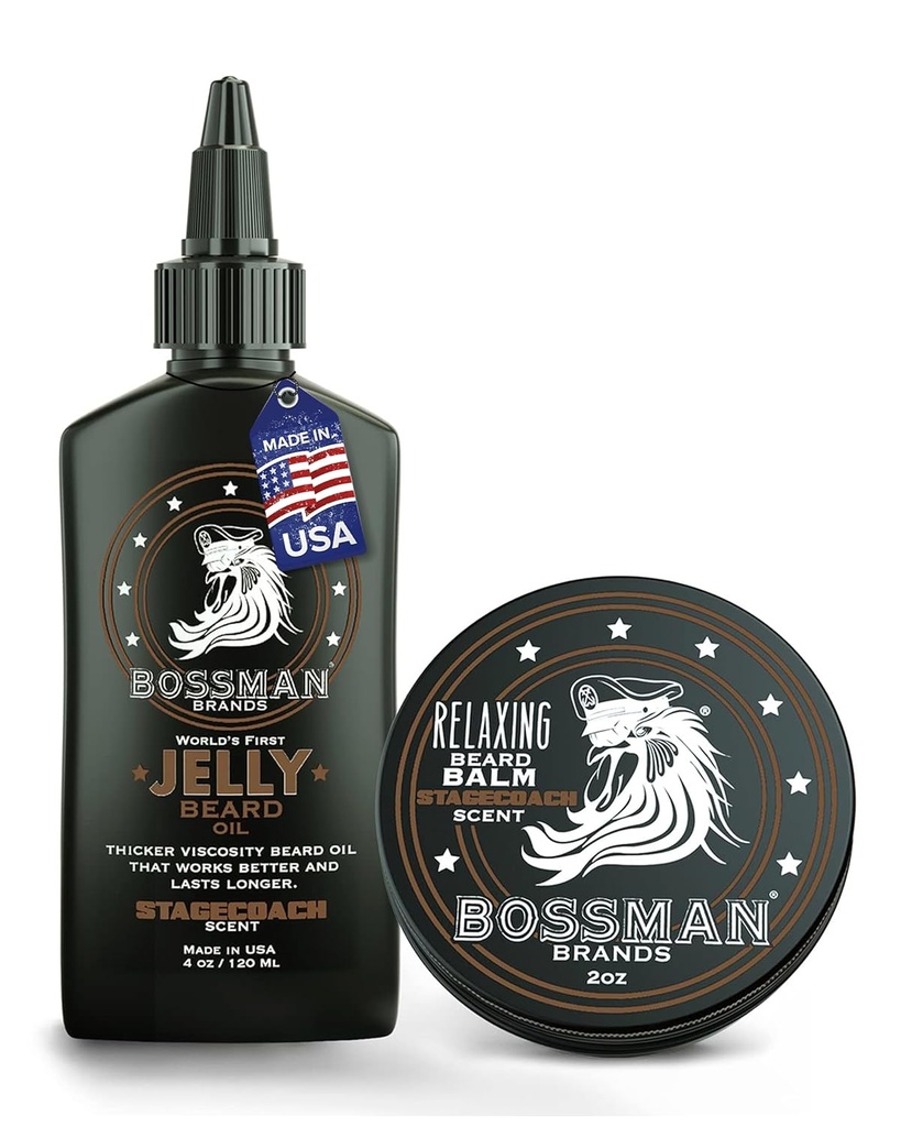 Bossman Jelly Beard Oil for Men & Baard Balm for Men Combo - Softens, Tames Moisturizes & Conditions - Stagecoach Scent - Natural Ingredients & Made in USA