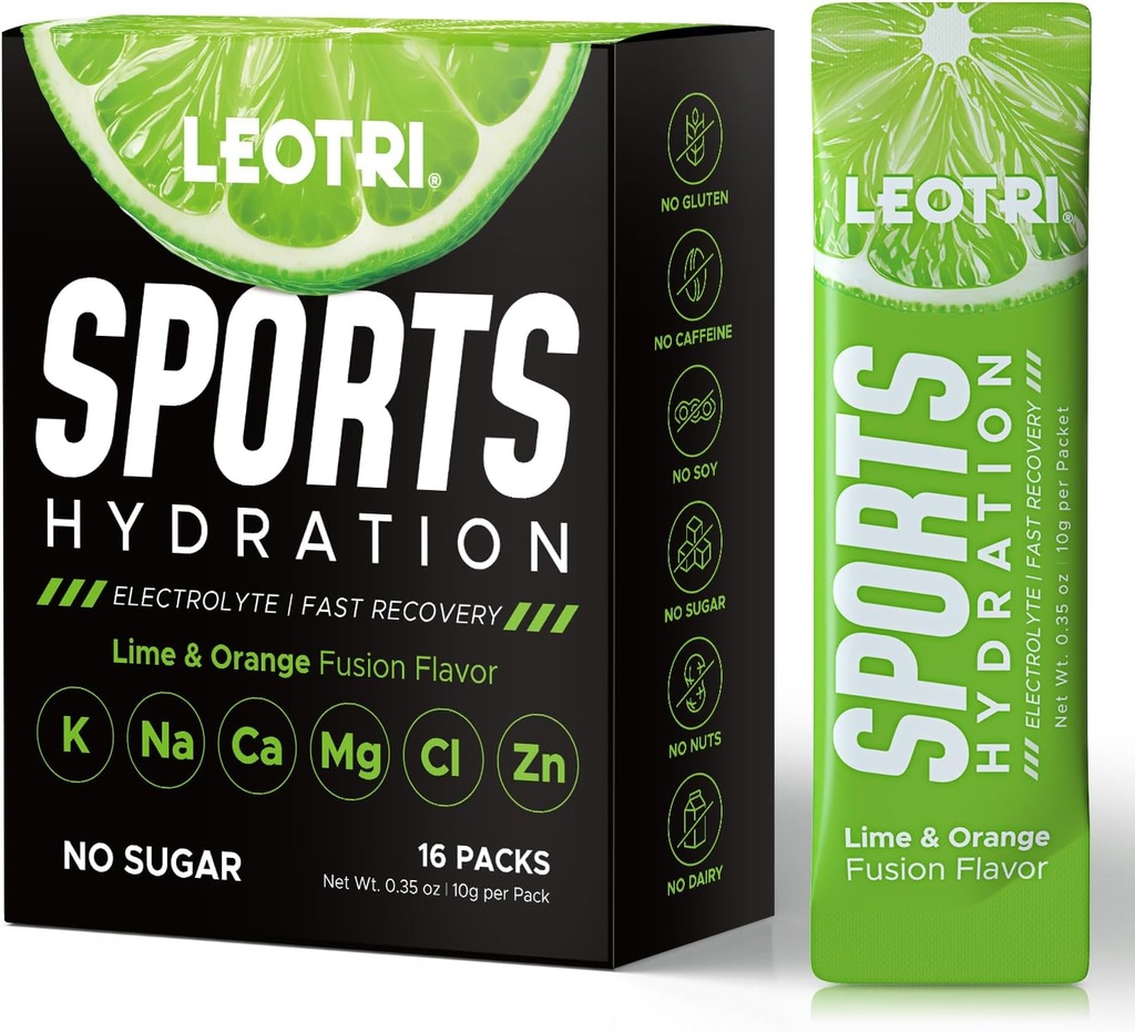 Paquets de poudre d'électrolyte sans sucre - supplément de boisson d'hydratation de sport, Keto amical avec 6 électrolytes clés, riche en vitamine B et C, 1000mg BCAA - Pas de sucre, 16 bâtons, Lime & Orange Aromat