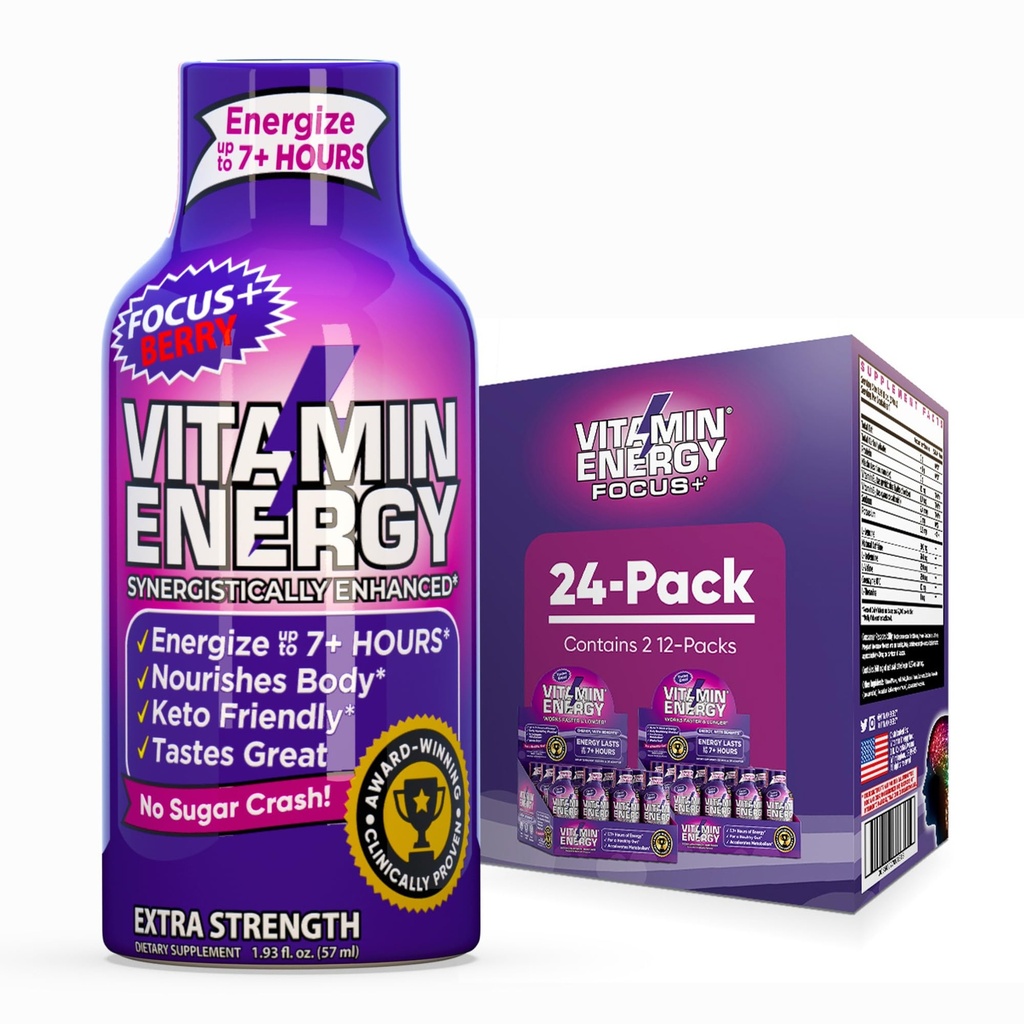 Vitamine Energie Focus+ Extra sterkte Energie Shot Berry 24 Pack, 260mg Natural Cafeine, B-Vitamins, CoQ10, Aminozuren, Focus, Productiviteit & Duidelijkheid, Zero Sugar, Gluten-Free, 1,93 fl oz
