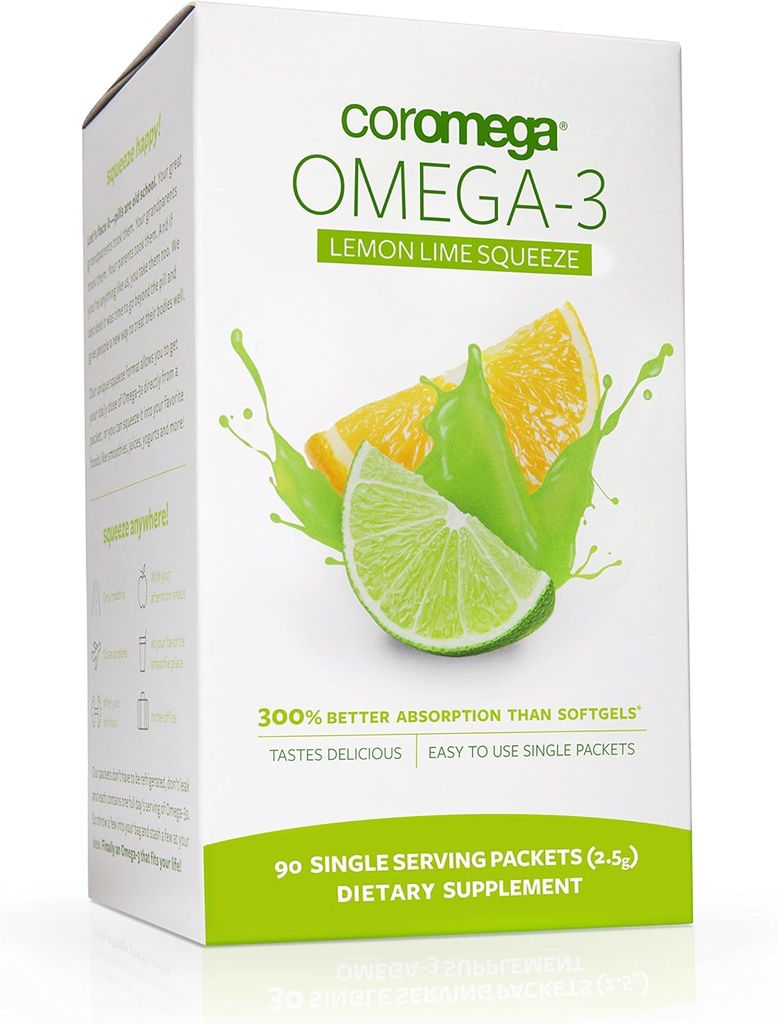 Coromega Omega 3 Fish Oil Supplement, 650mg Omega-3s met 3X betere absorptie dan Softgels, Lemon Lime Flavor, 90 Single Serve Squeeze Packets