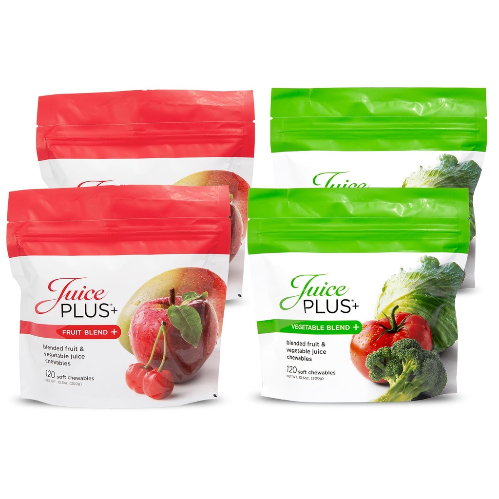 JuicePlus+ Fruit en plantaardige Blend Zachte Kauwen - Tasty Vegan Fruit, Veggie Gummy Vitaminen voor Volwassenen & Kids - 4 maanden Supply 4 verpakkingen (2 van elke smaak)