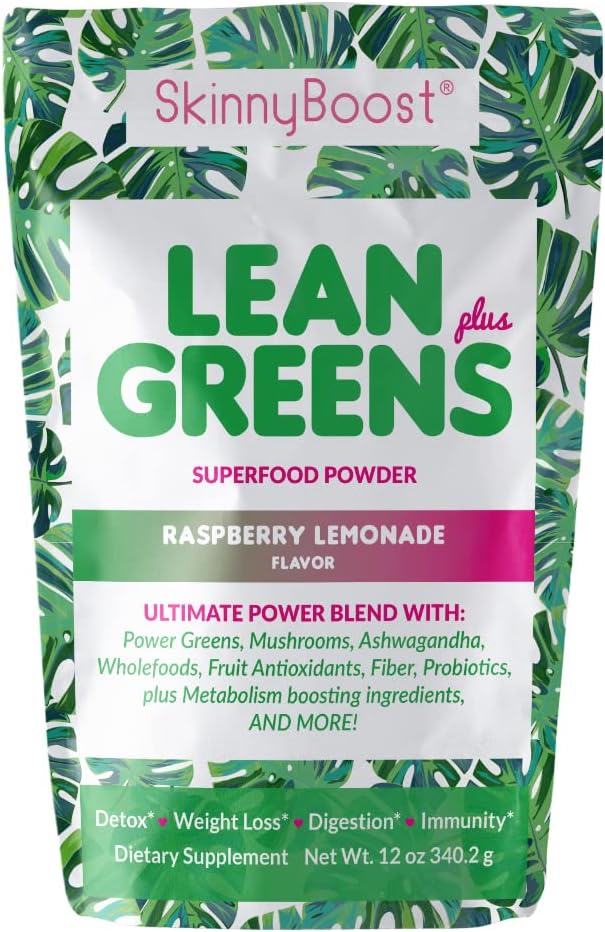 SkinnyBoost - Lean Greens & Super Food Powder - Ultimate Power Blend with Green Tea, Mushroom Blend, Ashwagandha, Spirulina Algen & Wholefoods - Natural Detox & Clean Energy - 30 Servings -12 Oz